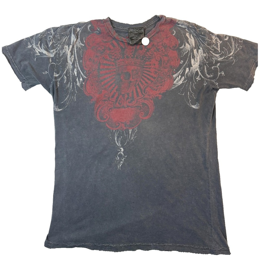 Y2K MMA Elite Symbolic Skull Crest Tee Affliction Style Grunge Biker Vintage USA